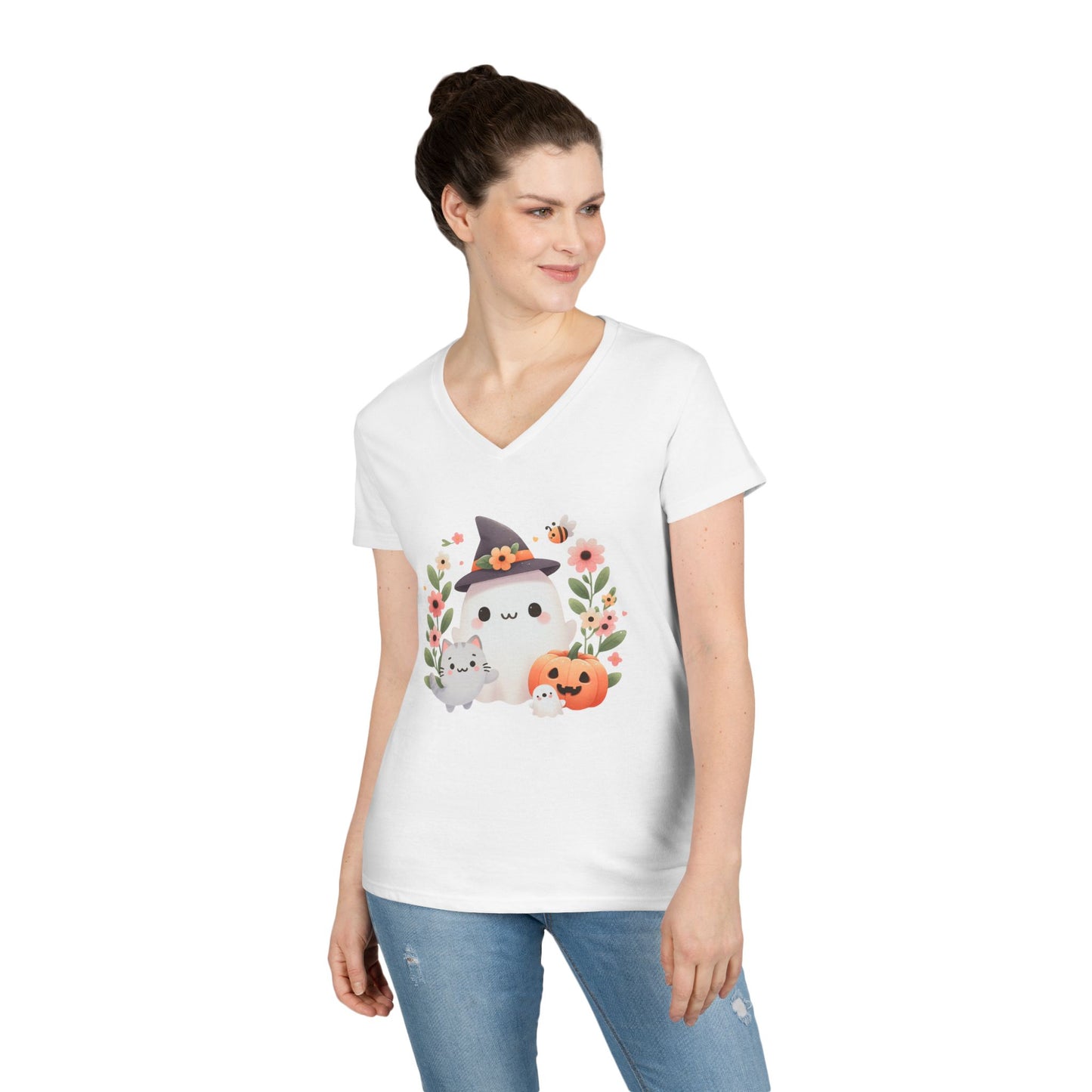 Cute Halloween V-Neck T-Shirt, Witchy Apparel, Fall Fashion, Pumpkin Tee, Cozy Autumn Outfit, Spooky Season Top