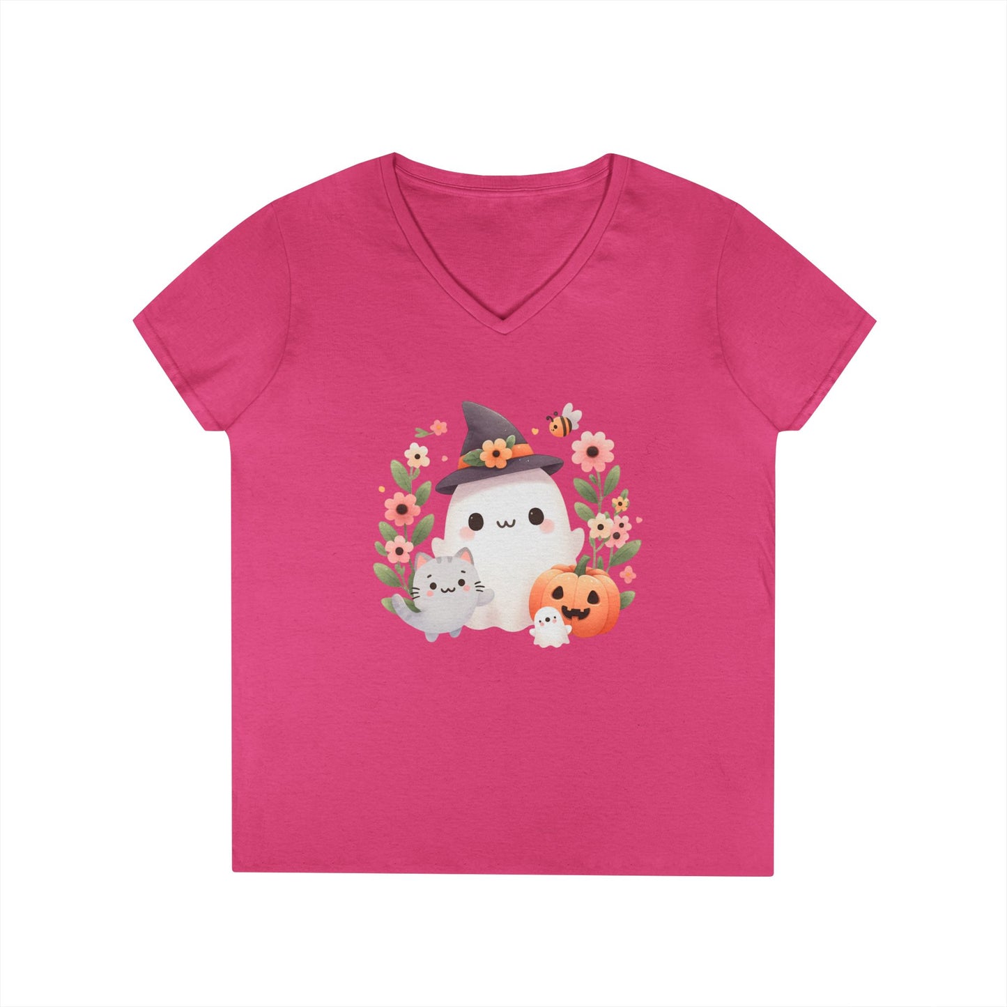 Cute Halloween V-Neck T-Shirt, Witchy Apparel, Fall Fashion, Pumpkin Tee, Cozy Autumn Outfit, Spooky Season Top