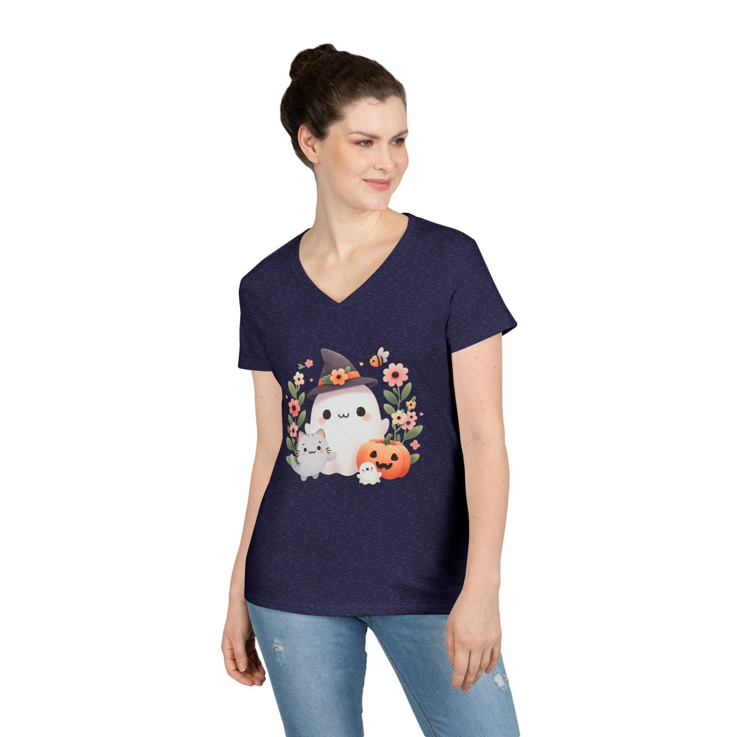 Cute Halloween V-Neck T-Shirt, Witchy Apparel, Fall Fashion, Pumpkin Tee, Cozy Autumn Outfit, Spooky Season Top