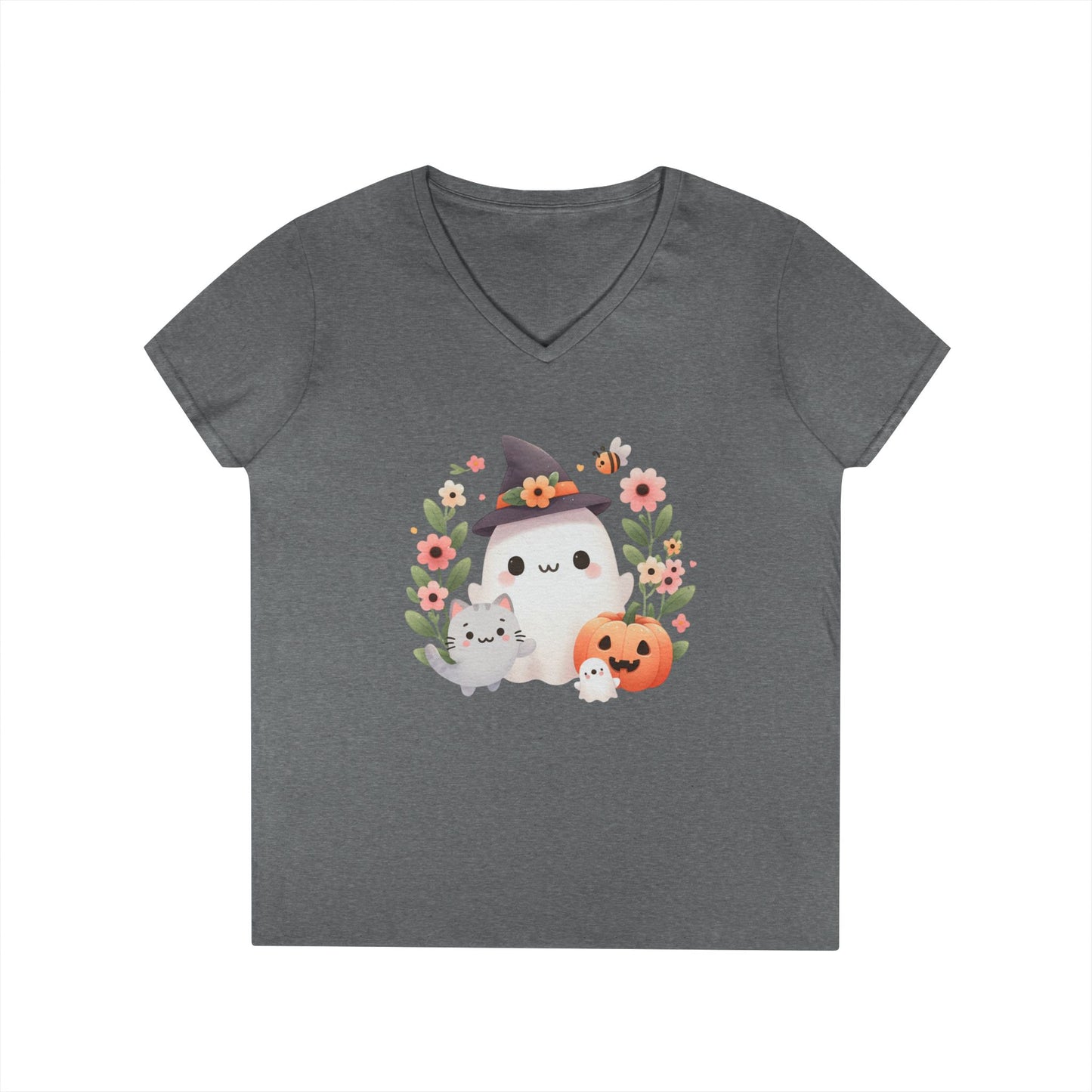 Cute Halloween V-Neck T-Shirt, Witchy Apparel, Fall Fashion, Pumpkin Tee, Cozy Autumn Outfit, Spooky Season Top