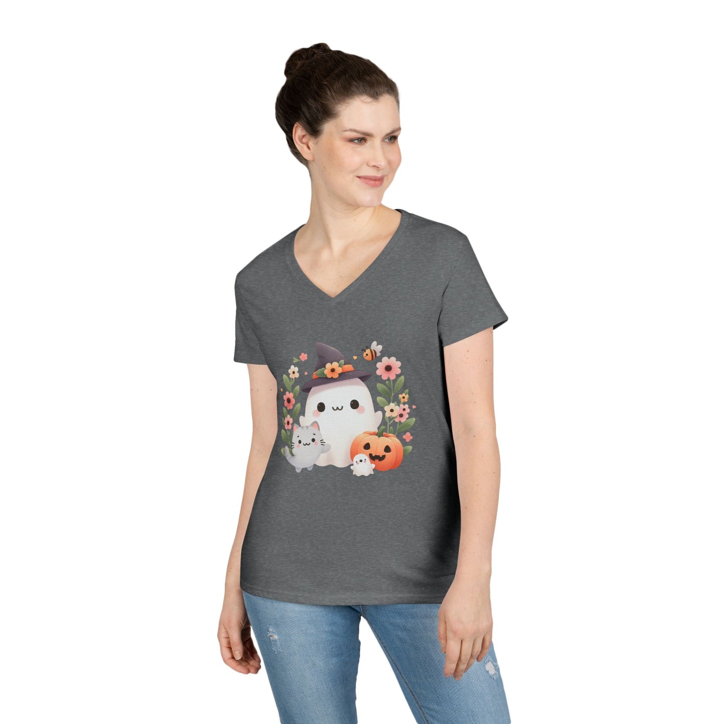 Cute Halloween V-Neck T-Shirt, Witchy Apparel, Fall Fashion, Pumpkin Tee, Cozy Autumn Outfit, Spooky Season Top