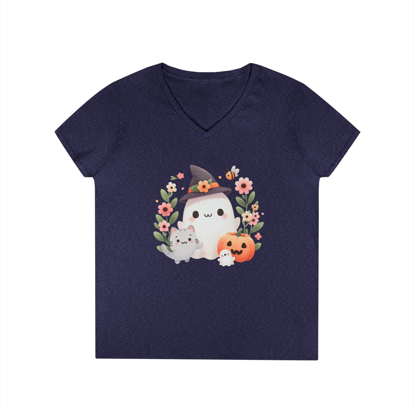 Cute Halloween V-Neck T-Shirt, Witchy Apparel, Fall Fashion, Pumpkin Tee, Cozy Autumn Outfit, Spooky Season Top