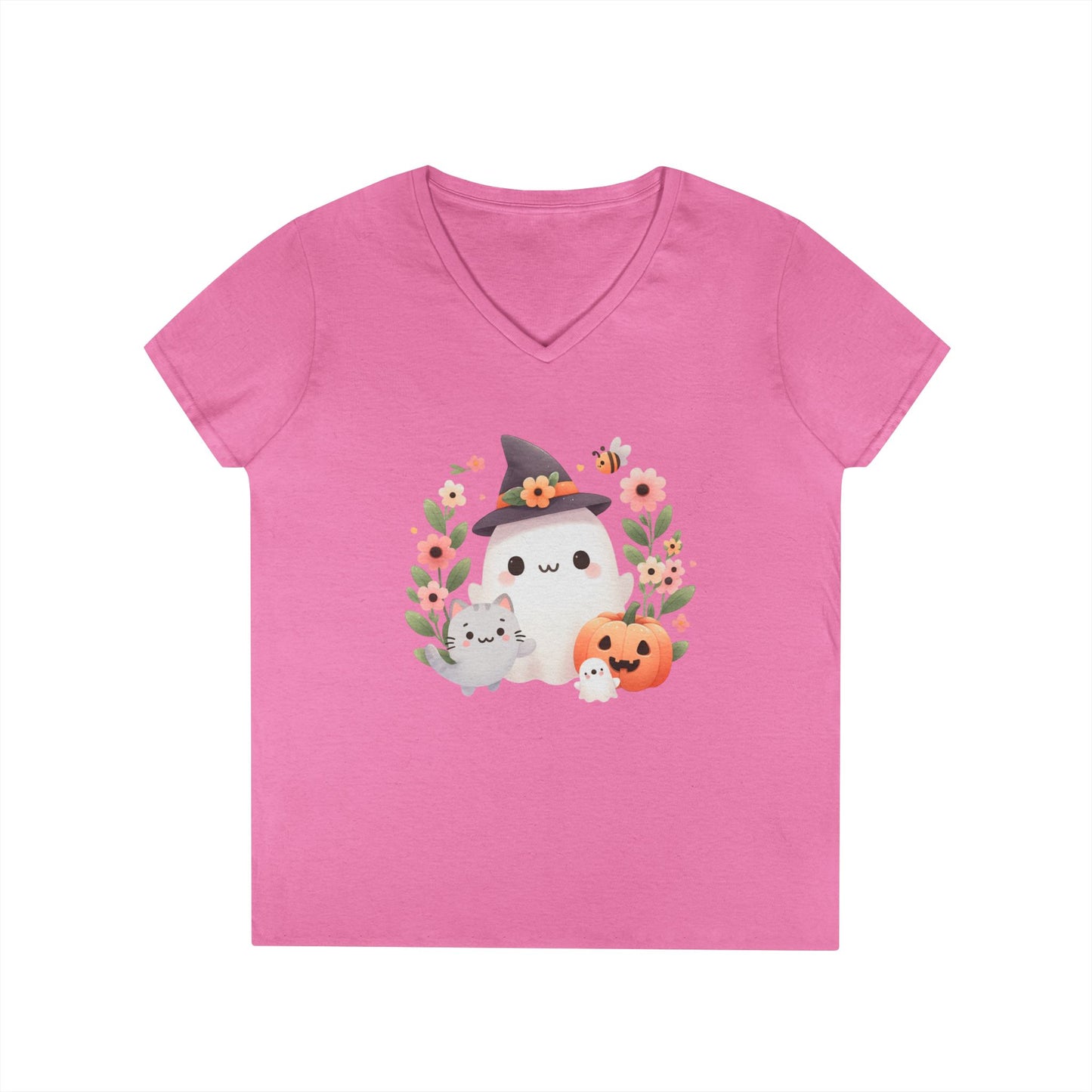 Cute Halloween V-Neck T-Shirt, Witchy Apparel, Fall Fashion, Pumpkin Tee, Cozy Autumn Outfit, Spooky Season Top