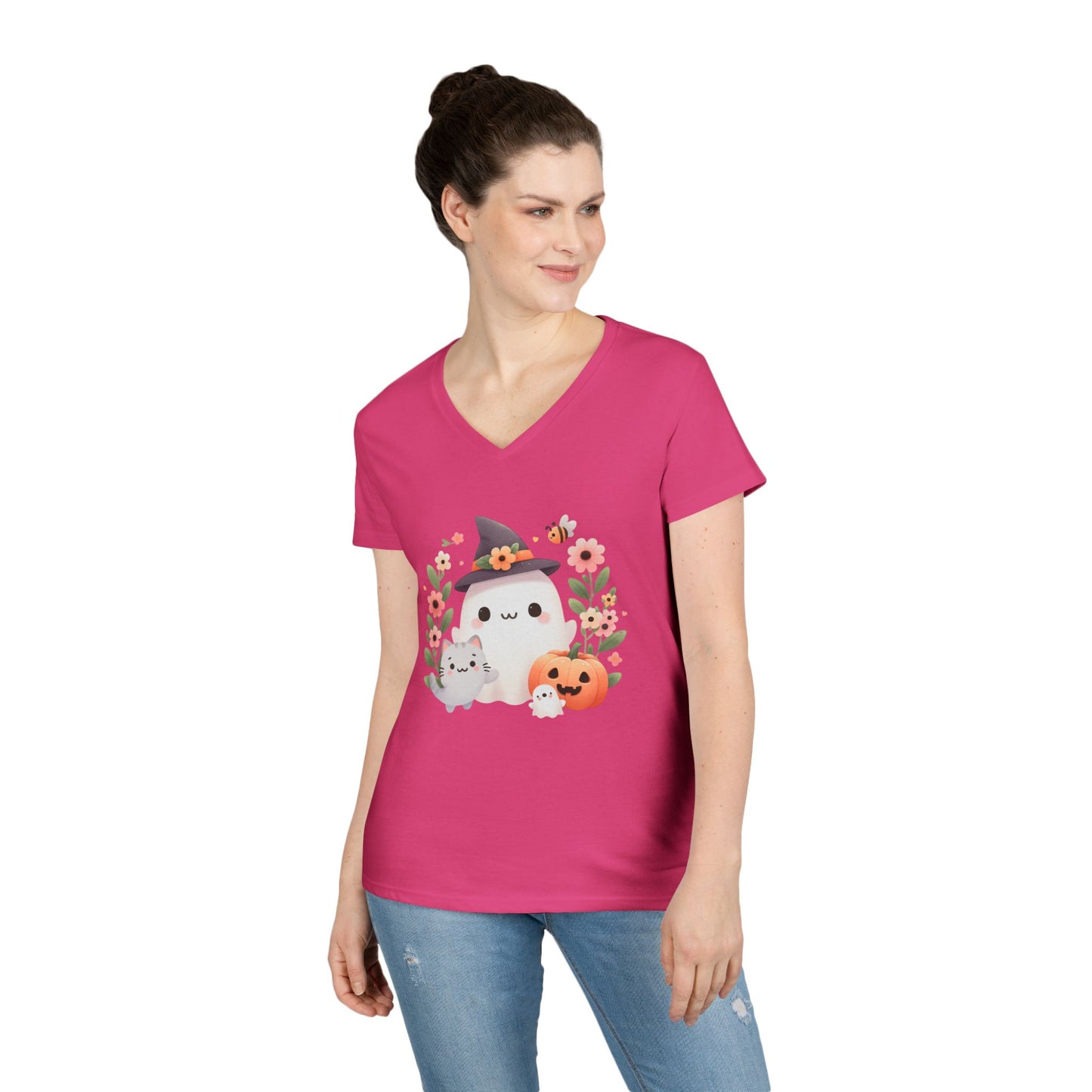 Cute Halloween V-Neck T-Shirt, Witchy Apparel, Fall Fashion, Pumpkin Tee, Cozy Autumn Outfit, Spooky Season Top