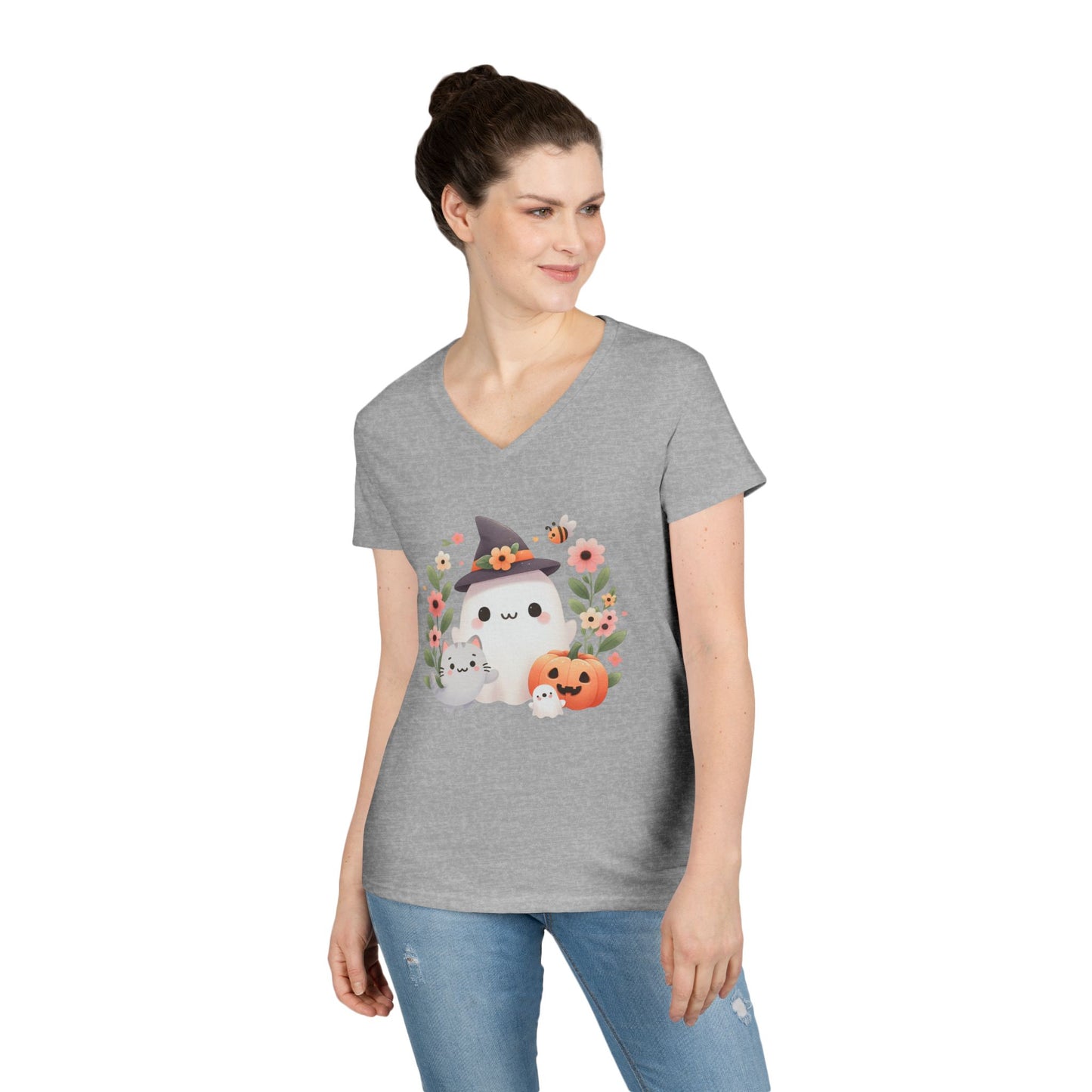 Cute Halloween V-Neck T-Shirt, Witchy Apparel, Fall Fashion, Pumpkin Tee, Cozy Autumn Outfit, Spooky Season Top