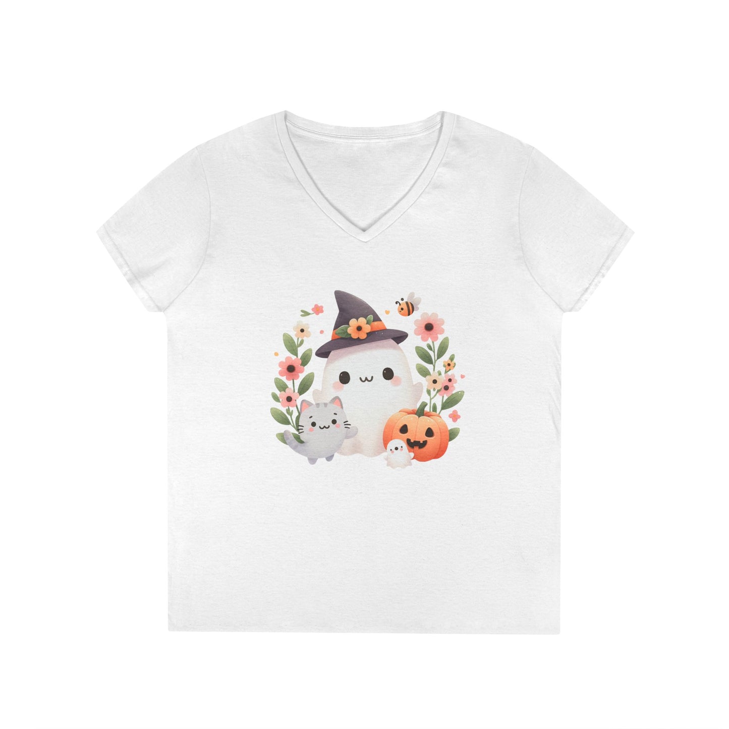 Cute Halloween V-Neck T-Shirt, Witchy Apparel, Fall Fashion, Pumpkin Tee, Cozy Autumn Outfit, Spooky Season Top