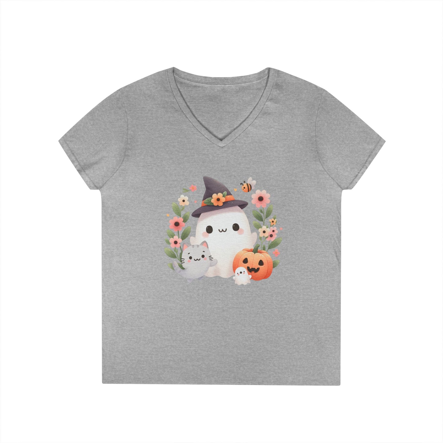 Cute Halloween V-Neck T-Shirt, Witchy Apparel, Fall Fashion, Pumpkin Tee, Cozy Autumn Outfit, Spooky Season Top