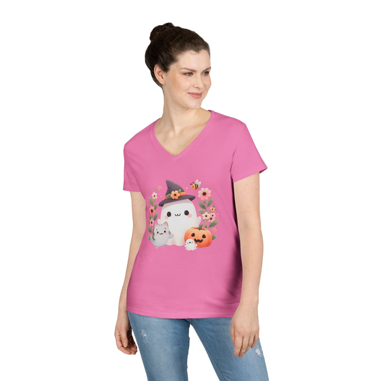 Cute Halloween V-Neck T-Shirt, Witchy Apparel, Fall Fashion, Pumpkin Tee, Cozy Autumn Outfit, Spooky Season Top