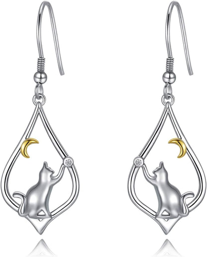 Cat Earrings for Women Sterling Silver Cat Moon Dangle Drop Hooks Earrings Animal Cat Jewelry Pet Gifts for Cat Lovers Mom Birthday