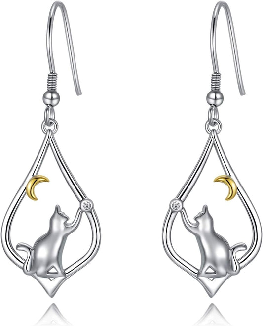 Cat Earrings for Women Sterling Silver Cat Moon Dangle Drop Hooks Earrings Animal Cat Jewelry Pet Gifts for Cat Lovers Mom Birthday