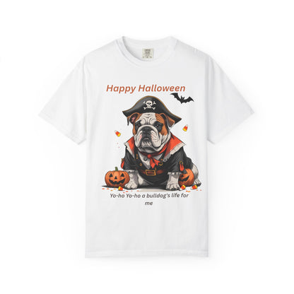 Halloween Bulldog T-Shirt, Unisex Graphic Tee, Funny Dog Shirt, Pirate Costume Top, Pet Lover Gift