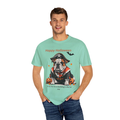 Halloween Bulldog T-Shirt, Unisex Graphic Tee, Funny Dog Shirt, Pirate Costume Top, Pet Lover Gift