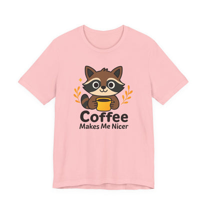 Coffee Lover's Unisex Short Sleeve Tee, Cute Raccoon Shirt, Gift for Coffee Enthusiasts, Casual Wear, Quirky Graphic Tee