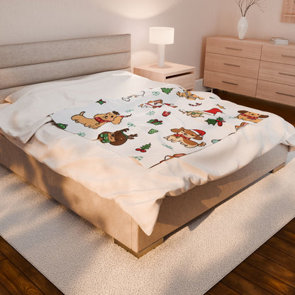 Festive Dog Print Velveteen Plush Blanket - Cozy Holiday Decor, Pet Lovers Gift, Christmas Blanket, Winter Warmth, Cute Puppies Design