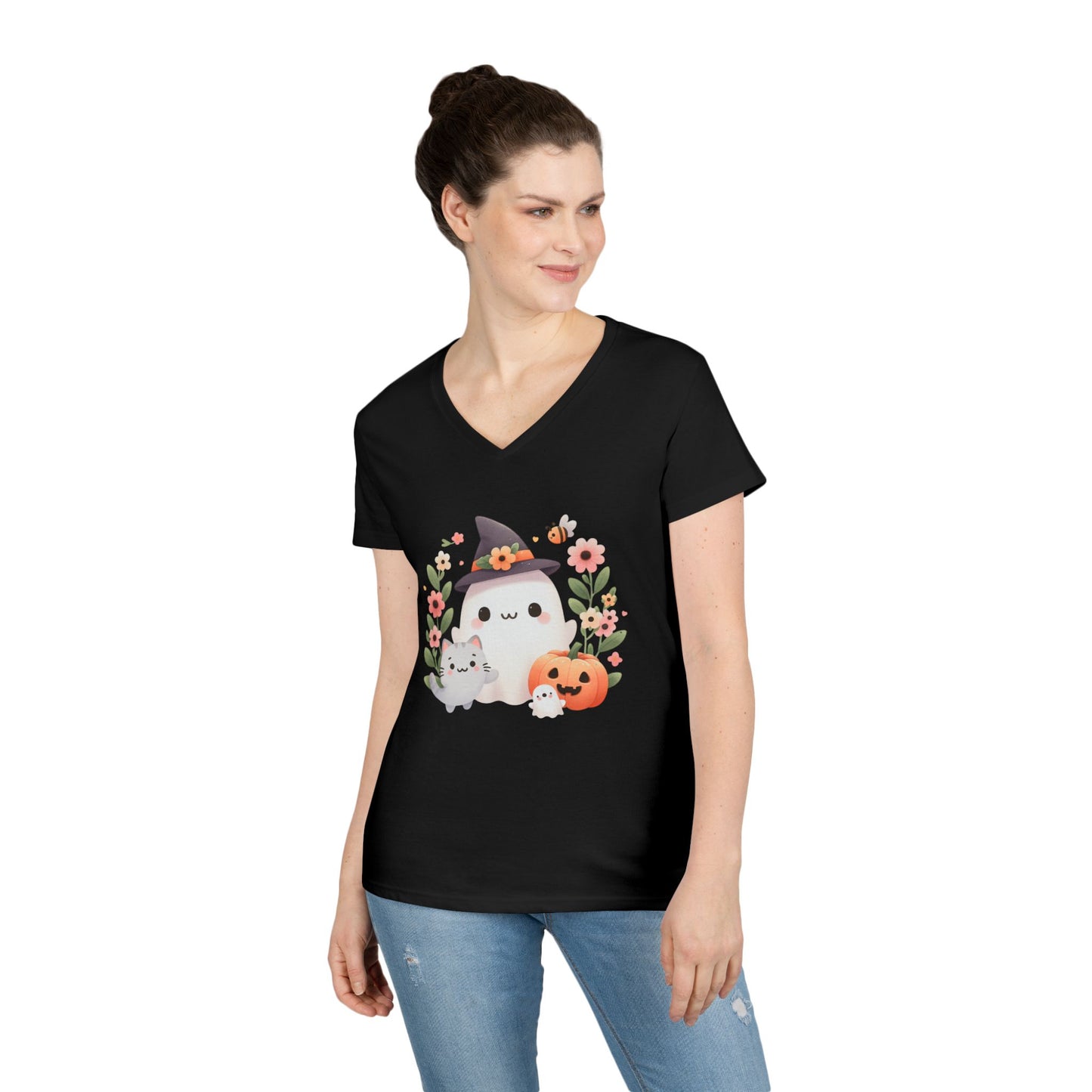 Cute Halloween V-Neck T-Shirt, Witchy Apparel, Fall Fashion, Pumpkin Tee, Cozy Autumn Outfit, Spooky Season Top