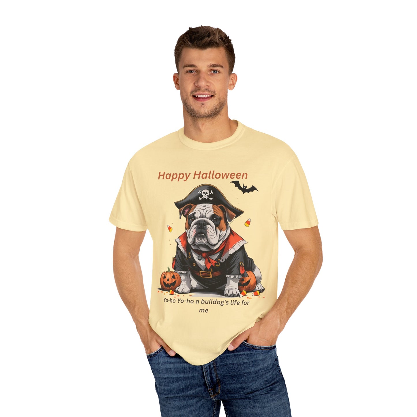 Halloween Bulldog T-Shirt, Unisex Graphic Tee, Funny Dog Shirt, Pirate Costume Top, Pet Lover Gift