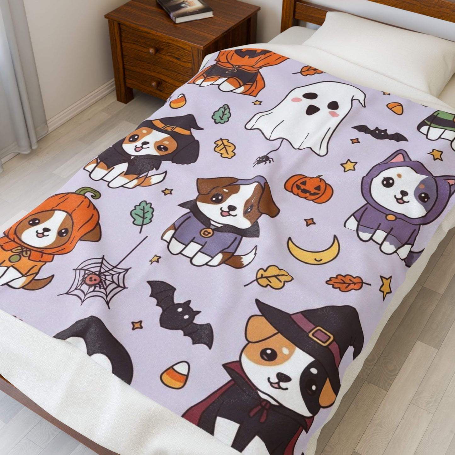 Halloween Dog Plush Blanket, Cozy Throw for Pet Lovers, Autumn Decor, Gift for Kids and Adults, Cute Animal Design
