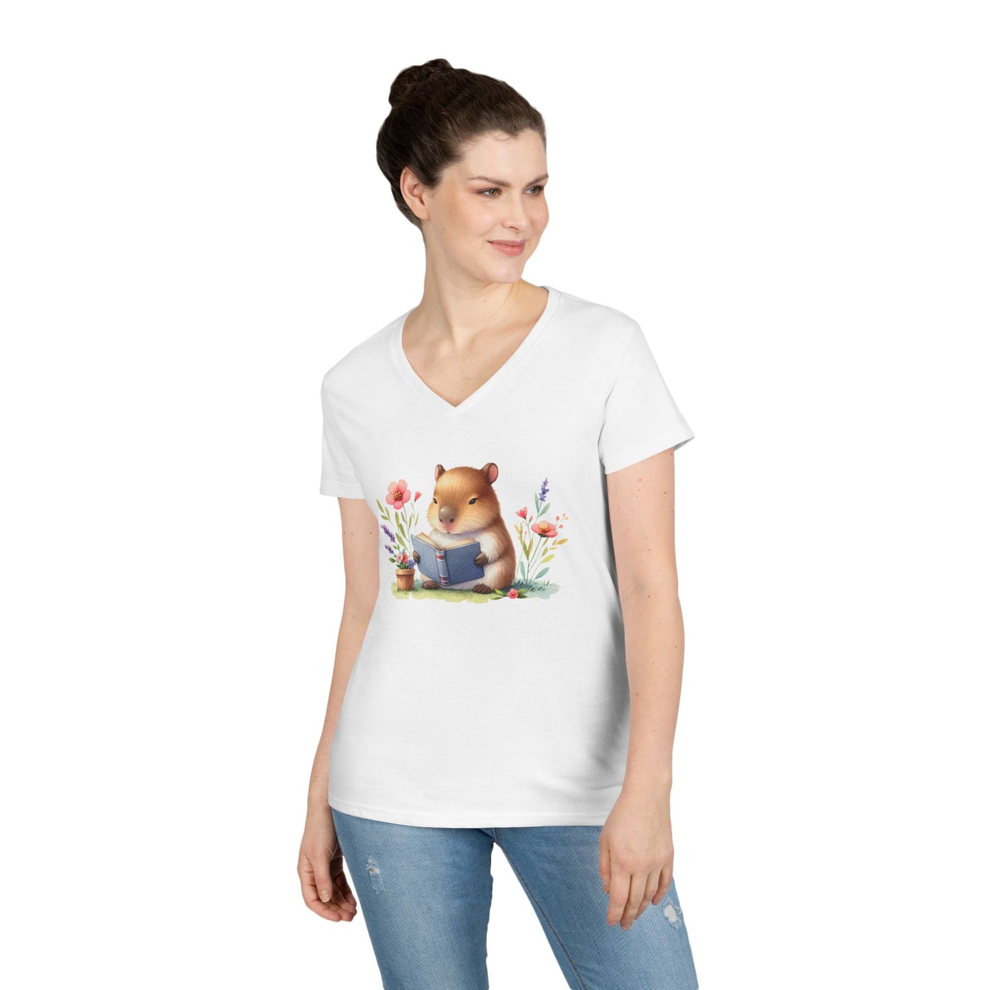 Whimsical Reading Animal V-Neck T-Shirt, Cute Animal Tee, Gift for Book Lovers, Funny T-Shirt, Nature Lover Outfit, Spring Fashion