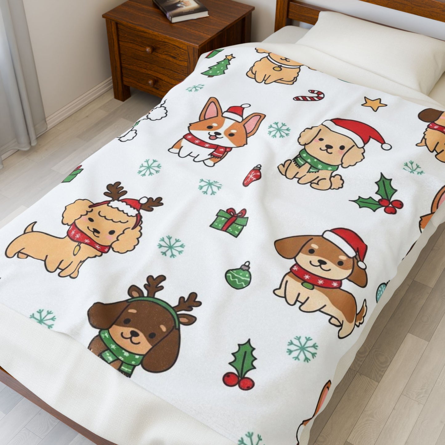 Festive Dog Print Velveteen Plush Blanket - Cozy Holiday Decor, Pet Lovers Gift, Christmas Blanket, Winter Warmth, Cute Puppies Design