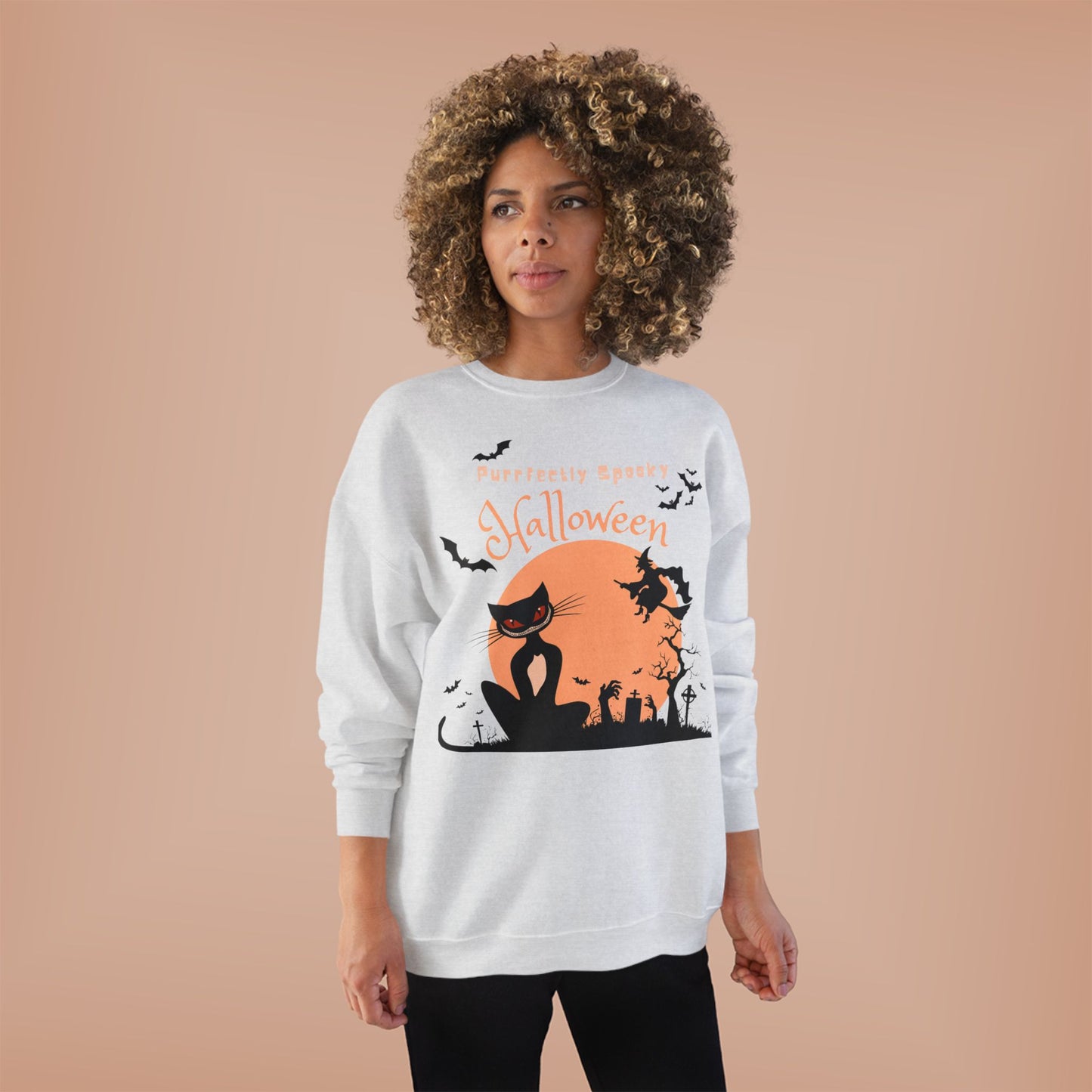 Halloween Cat Crewneck Sweatshirt, Spooky Sweatshirt, Eco-Friendly Apparel, Fall Fashion, Unisex Halloween Sweater