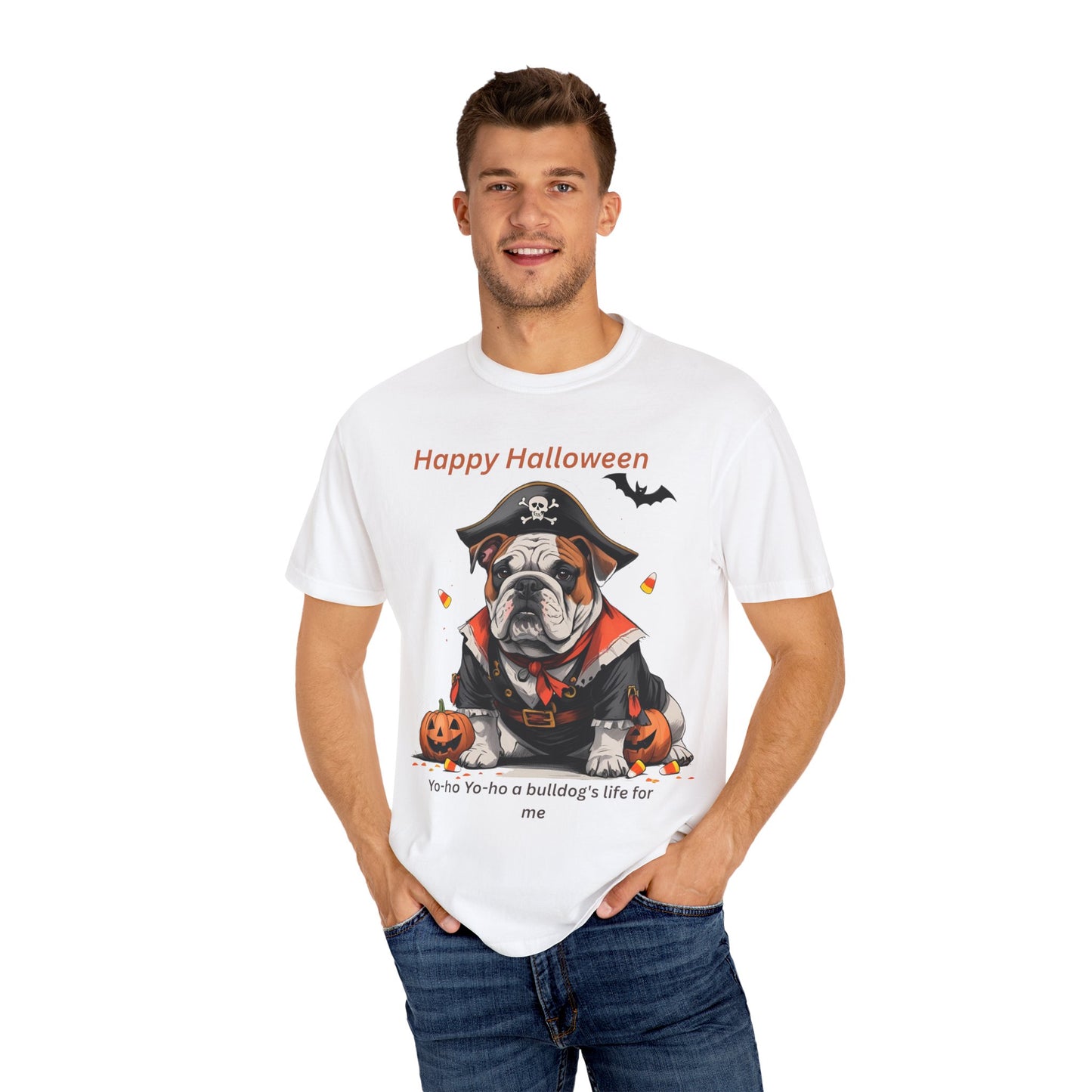 Halloween Bulldog T-Shirt, Unisex Graphic Tee, Funny Dog Shirt, Pirate Costume Top, Pet Lover Gift