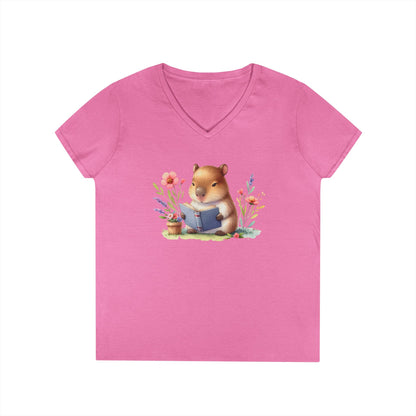 Whimsical Reading Animal V-Neck T-Shirt, Cute Animal Tee, Gift for Book Lovers, Funny T-Shirt, Nature Lover Outfit, Spring Fashion