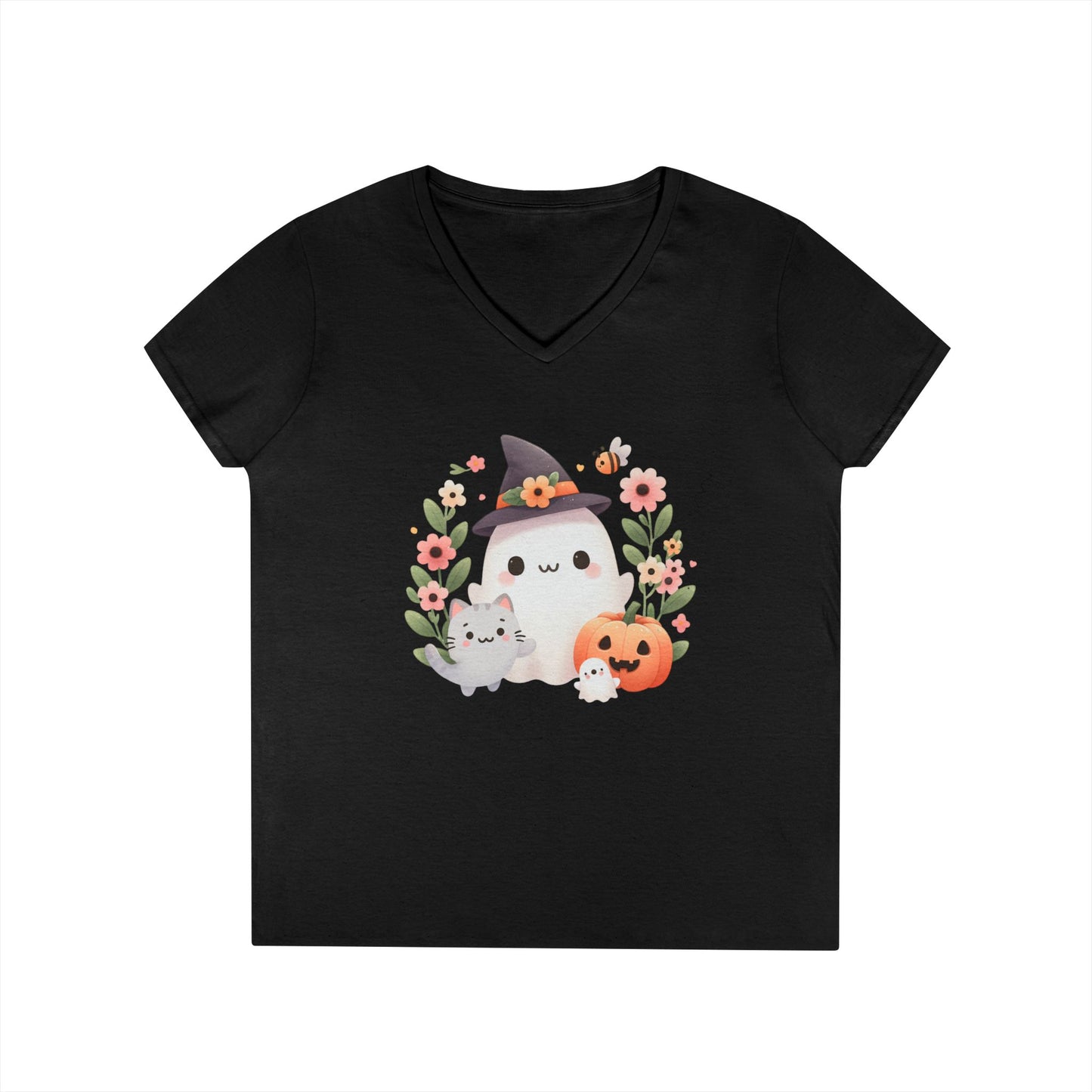 Cute Halloween V-Neck T-Shirt, Witchy Apparel, Fall Fashion, Pumpkin Tee, Cozy Autumn Outfit, Spooky Season Top