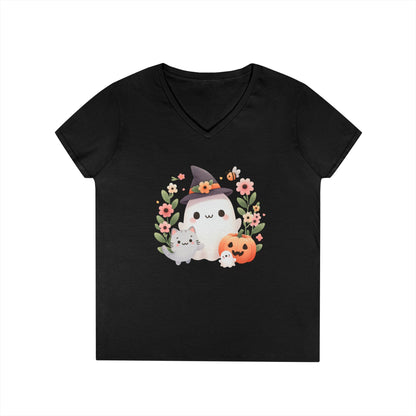 Cute Halloween V-Neck T-Shirt, Witchy Apparel, Fall Fashion, Pumpkin Tee, Cozy Autumn Outfit, Spooky Season Top