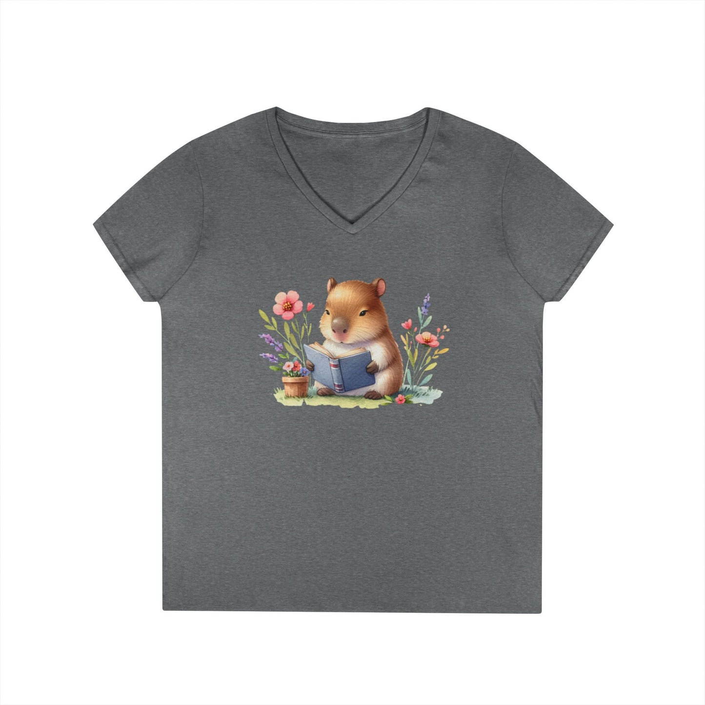 Whimsical Reading Animal V-Neck T-Shirt, Cute Animal Tee, Gift for Book Lovers, Funny T-Shirt, Nature Lover Outfit, Spring Fashion