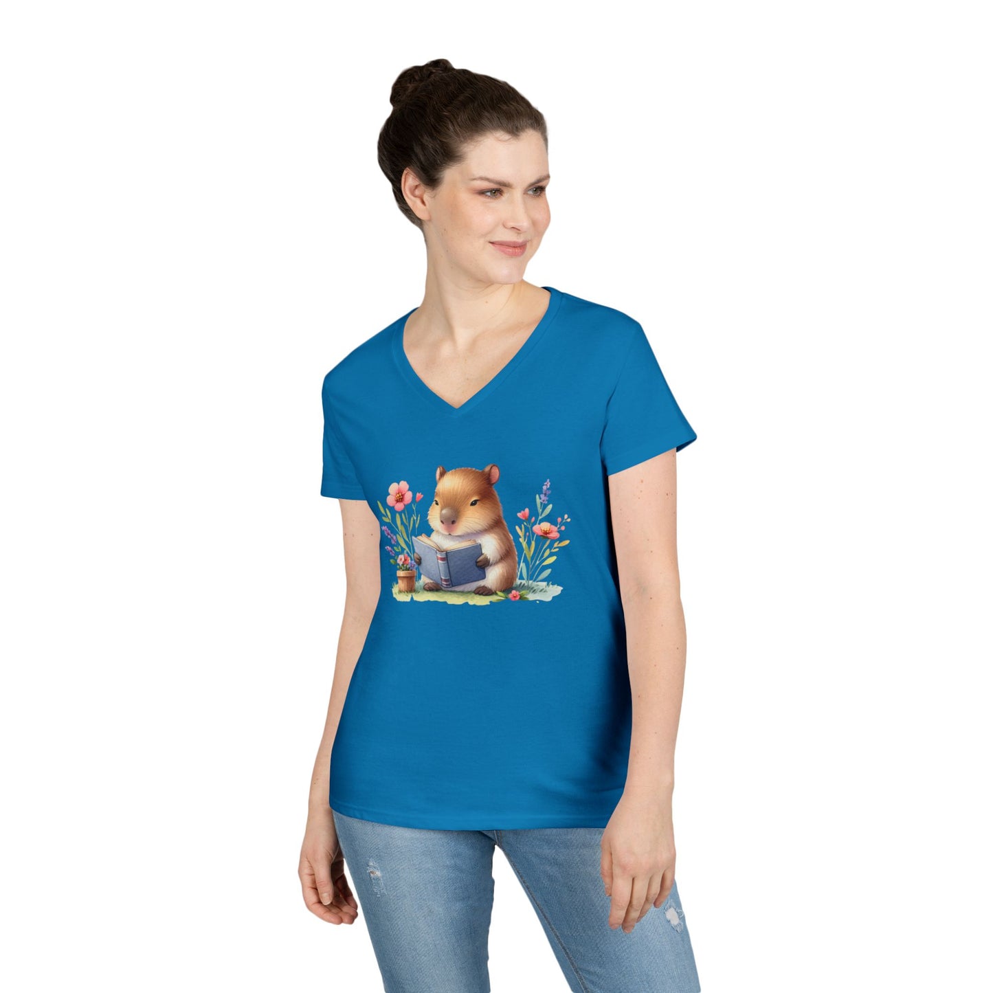 Whimsical Reading Animal V-Neck T-Shirt, Cute Animal Tee, Gift for Book Lovers, Funny T-Shirt, Nature Lover Outfit, Spring Fashion