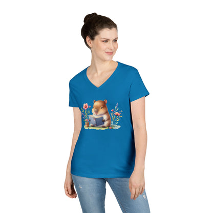 Whimsical Reading Animal V-Neck T-Shirt, Cute Animal Tee, Gift for Book Lovers, Funny T-Shirt, Nature Lover Outfit, Spring Fashion