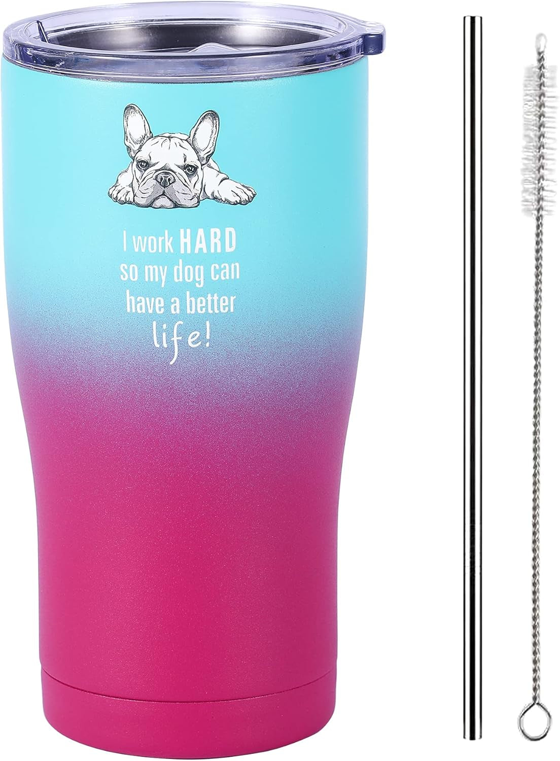Dog Mom Tumbler - French Bulldog - I Work Hard so My Dog Can Have a Better Life - Dog Dad, Dog Mom Gifts for Dog Lovers (Purple Teal, 20 Oz)