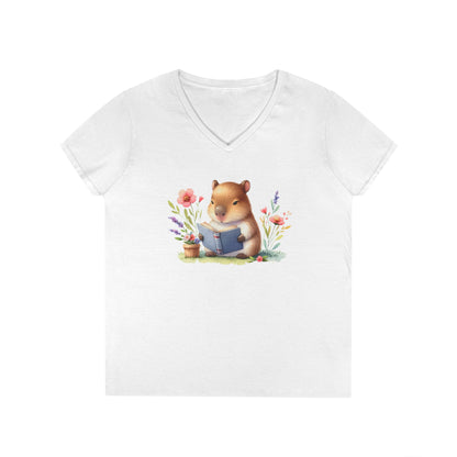 Whimsical Reading Animal V-Neck T-Shirt, Cute Animal Tee, Gift for Book Lovers, Funny T-Shirt, Nature Lover Outfit, Spring Fashion
