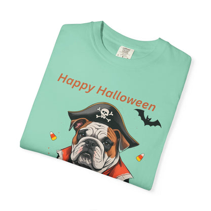 Halloween Bulldog T-Shirt, Unisex Graphic Tee, Funny Dog Shirt, Pirate Costume Top, Pet Lover Gift