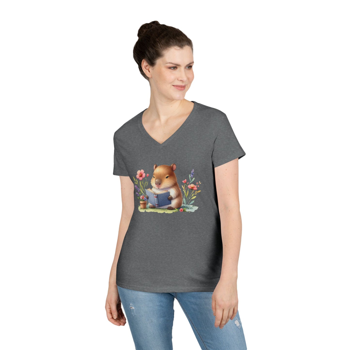 Whimsical Reading Animal V-Neck T-Shirt, Cute Animal Tee, Gift for Book Lovers, Funny T-Shirt, Nature Lover Outfit, Spring Fashion