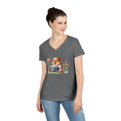 Whimsical Reading Animal V-Neck T-Shirt, Cute Animal Tee, Gift for Book Lovers, Funny T-Shirt, Nature Lover Outfit, Spring Fashion