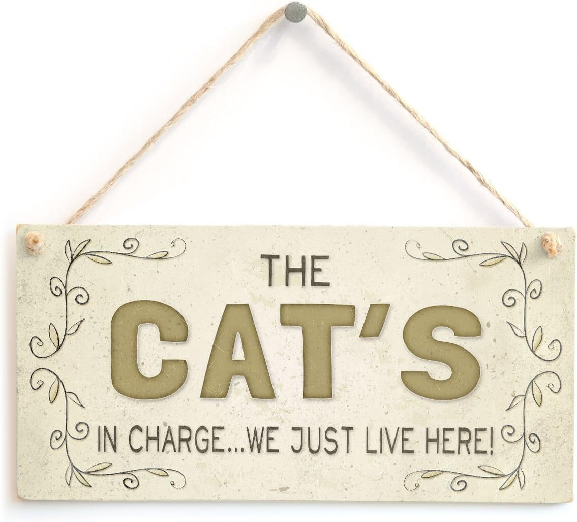 the Cat’S in Charge… We Just Live Here! - Super Cute Country Home Style Decorative Gift Plaque for Cat Owners 10"X5"
