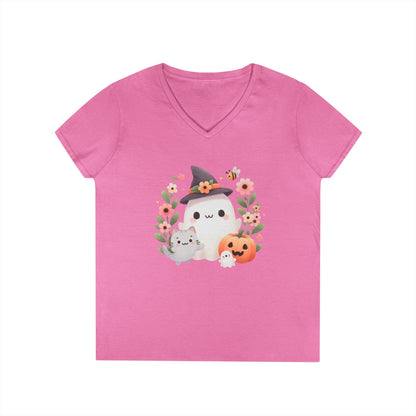 Cute Halloween V-Neck T-Shirt, Witchy Apparel, Fall Fashion, Pumpkin Tee, Cozy Autumn Outfit, Spooky Season Top