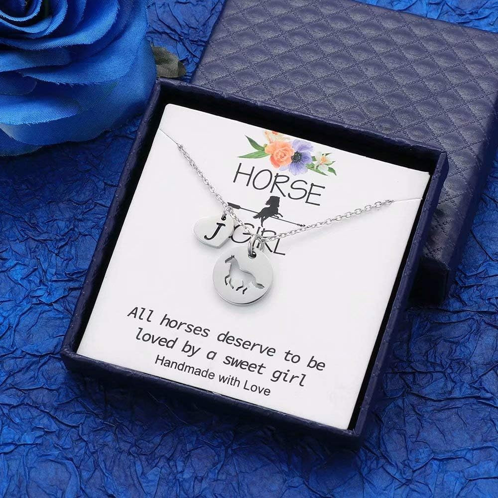 Horse Gifts for Girls - Stainless Steel Heart Initial Necklace, Dainty Jewelry for Women, Teen Girls, Horse Lovers