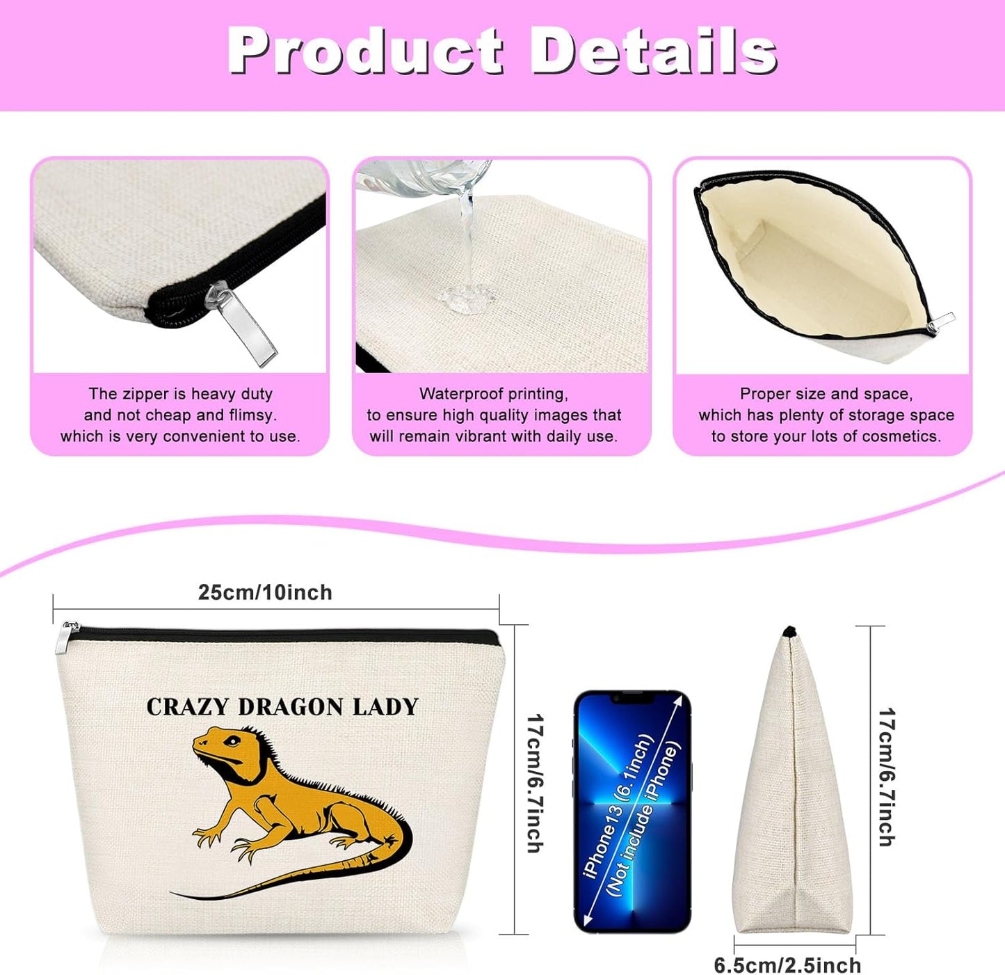Bearded Animal Gift Makeup Bag Animal Reptile Gift Fors Women Cosmetic Bag Funny Gift Bearded Animals Themed Graduation Christmas Birthday Present for Friend Travel Pouch