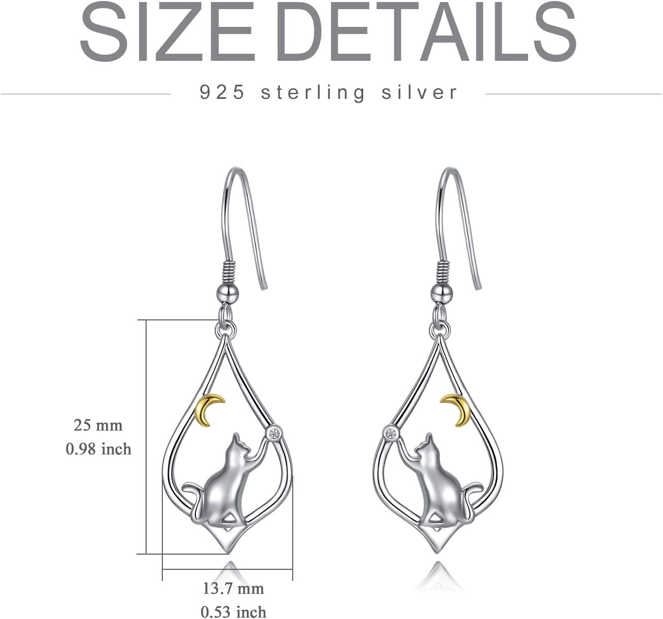 Cat Earrings for Women Sterling Silver Cat Moon Dangle Drop Hooks Earrings Animal Cat Jewelry Pet Gifts for Cat Lovers Mom Birthday
