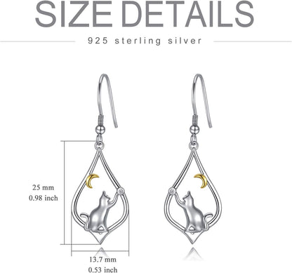 Cat Earrings for Women Sterling Silver Cat Moon Dangle Drop Hooks Earrings Animal Cat Jewelry Pet Gifts for Cat Lovers Mom Birthday