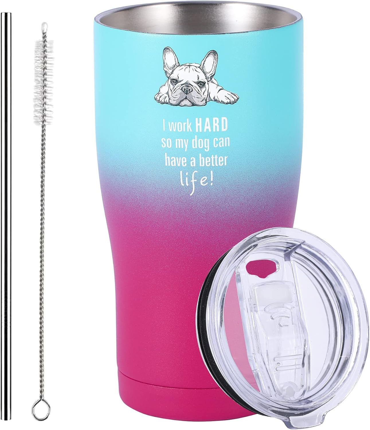 Dog Mom Tumbler - French Bulldog - I Work Hard so My Dog Can Have a Better Life - Dog Dad, Dog Mom Gifts for Dog Lovers (Purple Teal, 20 Oz)