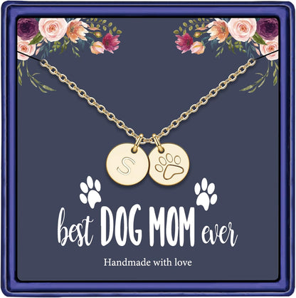 Dog Mom Gifts for Women Necklace, 14K Gold Filled Dog Mom Gifts Letter Initial Necklace Women Girls Alphabet Disc Puppy Paw Print Necklace Pet Dog Lovers Gifts for Dog Mom
