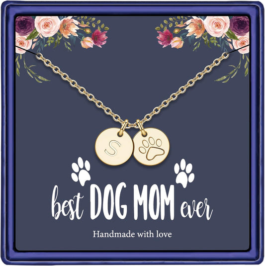 Dog Mom Gifts for Women Necklace, 14K Gold Filled Dog Mom Gifts Letter Initial Necklace Women Girls Alphabet Disc Puppy Paw Print Necklace Pet Dog Lovers Gifts for Dog Mom