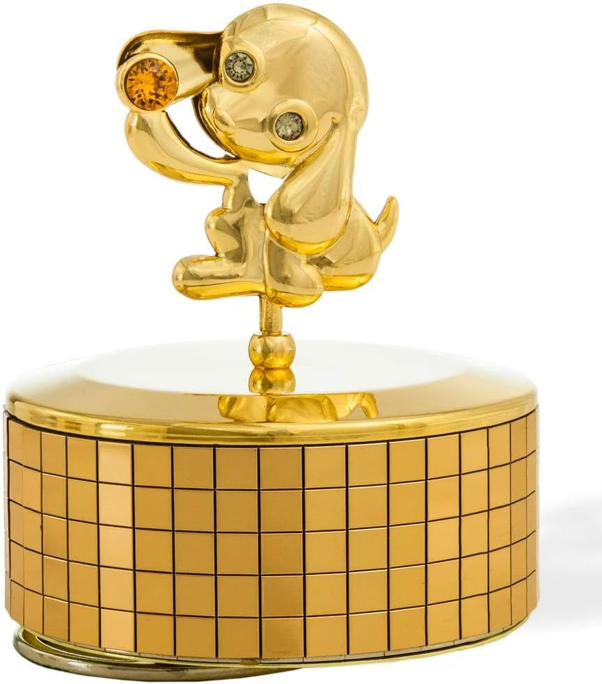 24K Gold Plated Puppy Dog Music Box, Plays Memory – Gold Tabletop Ornament W/Crystals Showpiece for Home Living Room Decor – Best for Mothers Day, for Mom, Grandma, Musician