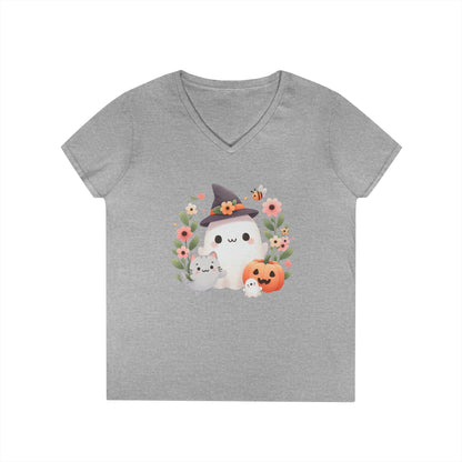 Cute Halloween V-Neck T-Shirt, Witchy Apparel, Fall Fashion, Pumpkin Tee, Cozy Autumn Outfit, Spooky Season Top