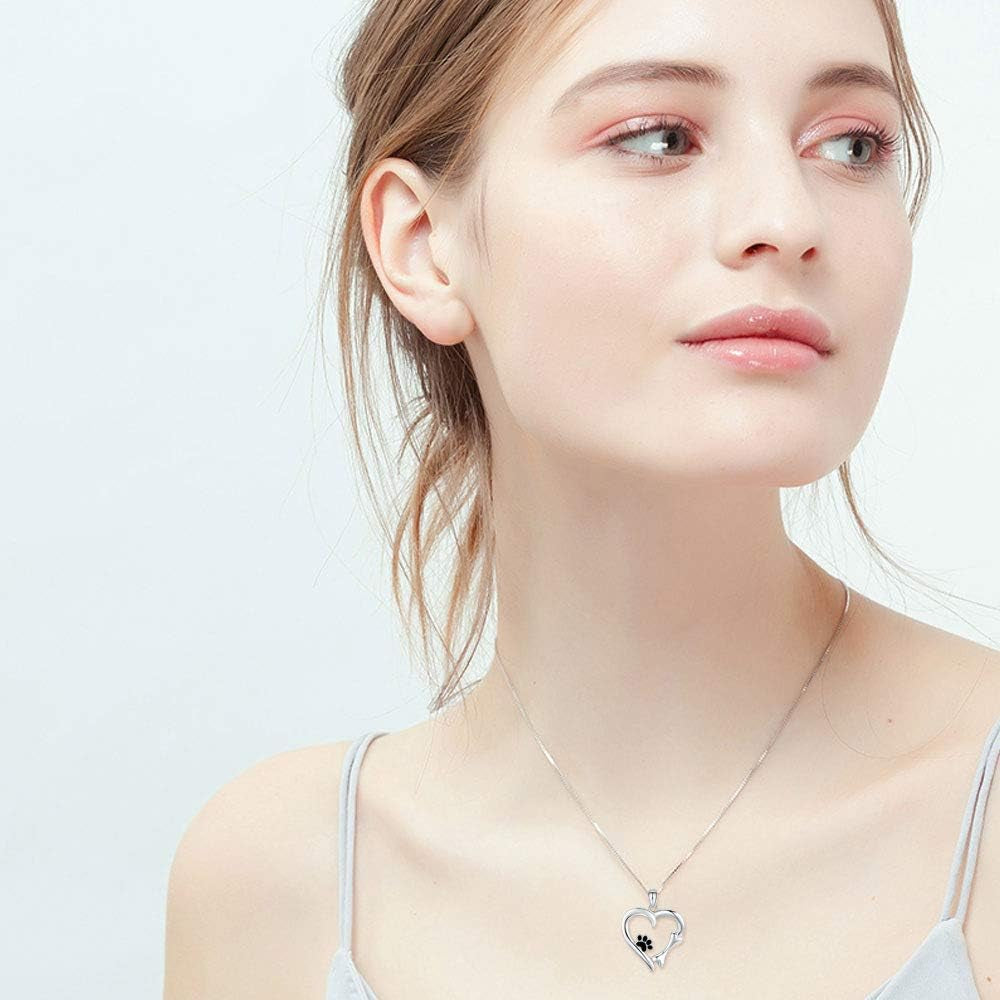 925 Sterling Silver Dog Paw Print/Rabbit/Panda/Frog Necklace Pendant Heart Necklace Jewelry Gifts for Women Ladies Wife Mother Daughter Granddaughter Birthday Christmas