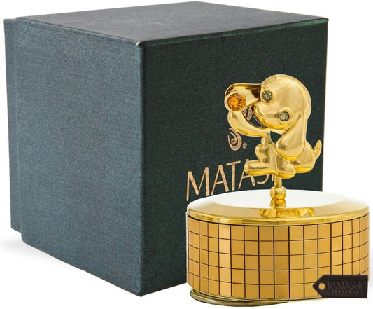 24K Gold Plated Puppy Dog Music Box, Plays Memory – Gold Tabletop Ornament W/Crystals Showpiece for Home Living Room Decor – Best for Mothers Day, for Mom, Grandma, Musician