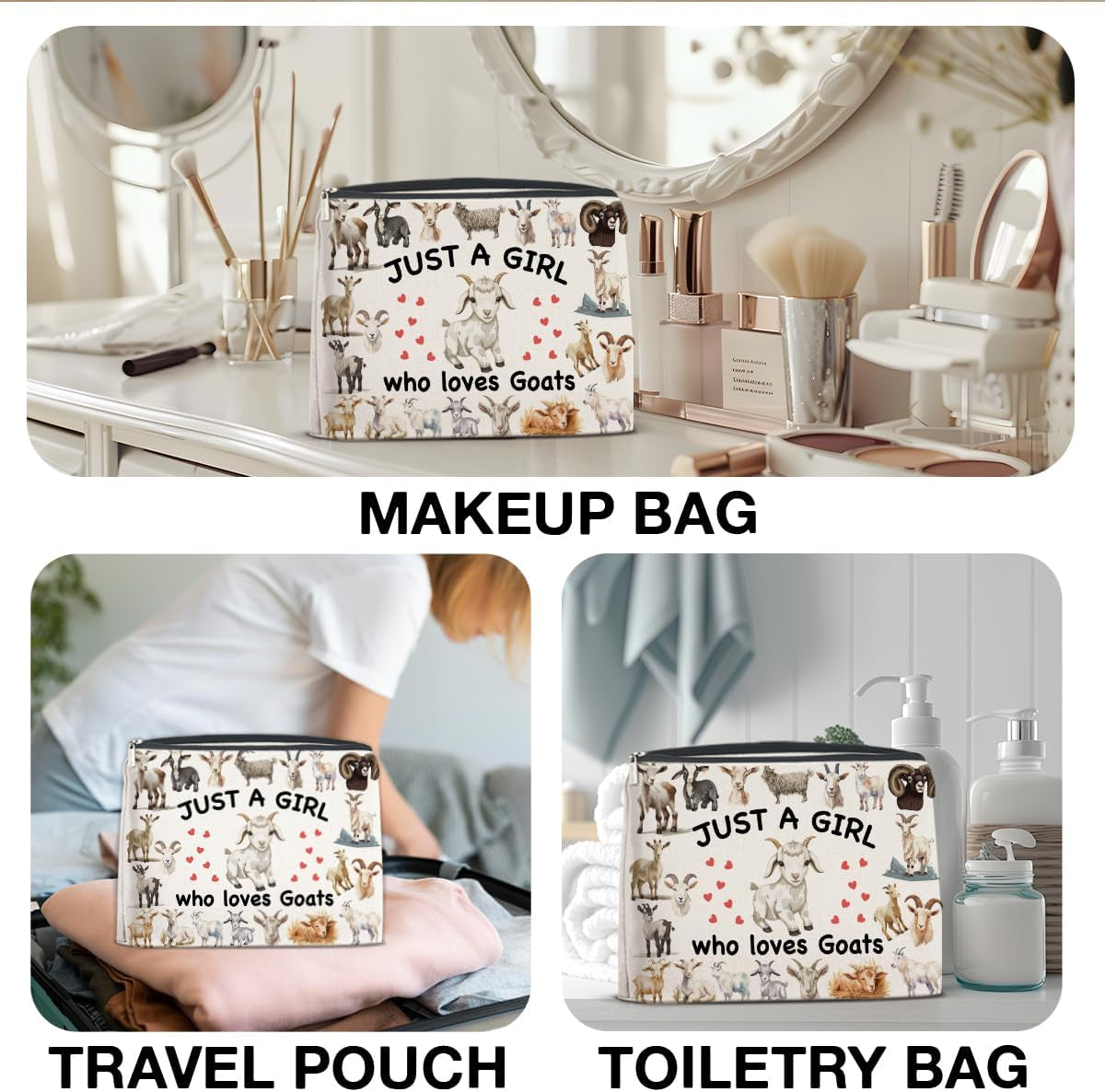 Goat Gifts Makeup Bag for Girls Women, Funny Birthday Christmas Gift for Goat Lovers Pet Owner Animal Enthusiasts Sister Bestie Bff Cosmetic Bag with Zipper Travel Toiletry Pouch for Purse